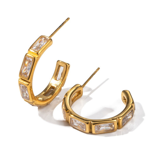 18K gold stainless steel set with zircon earrings C-shaped high-end design non fading female earrings